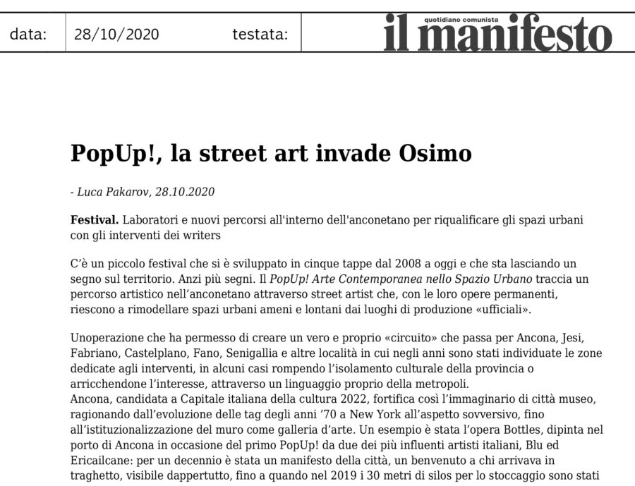 PopUp! La Street Art invade Osimo, Il Manifesto, 28 ottobre 2020, www.ilmanifesto.it
